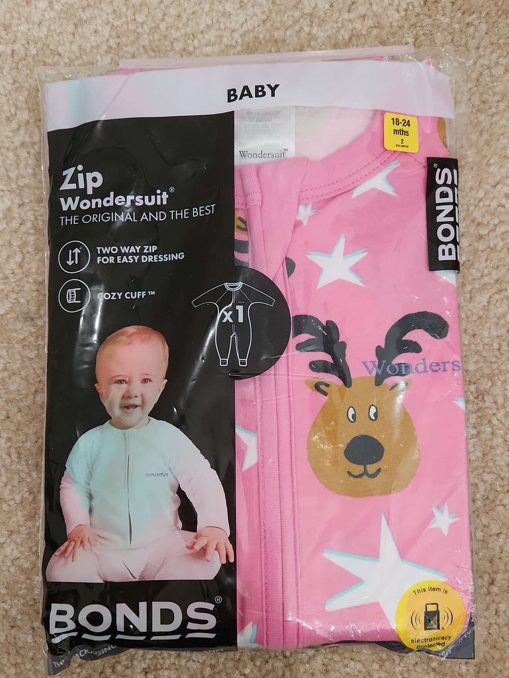 Bonds Pink Zip Wondersuit with Reindeer and Stars Size 18 - 24 Months BNWT🦌✨️